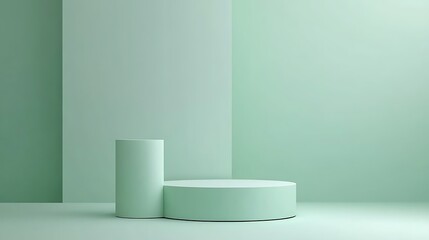 Minimalist Green Studio Background with Cylindrical Display Platforms