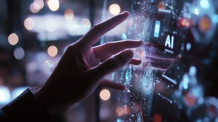 Artificial intelligence technology concept featuring a Middle Eastern businessman using a laptop with a futuristic holographic AI interface in an office