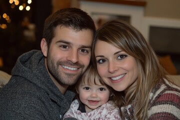 Happy family portrait, smiling parents with their adorable toddler. Ideal for family, love, and togetherness themes.