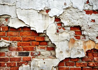 Abstract Red Brick Wall Texture: Cracked, Corroded White Paint, Grunge Background