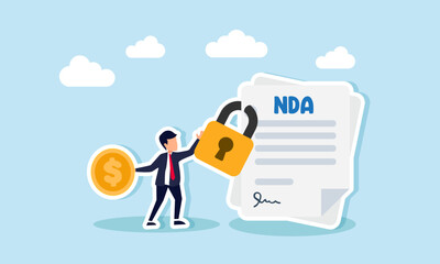 A businessman carries a dollar coin while holding a padlock securing an NDA paper, illustration of capital that must be paid to obtain a confidential document