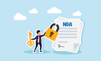 A businessman carries a key while holding a padlock securing an NDA paper, illustration of the key to company document confidentiality
