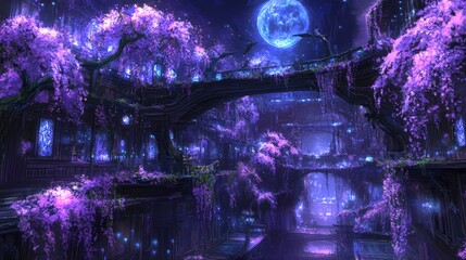 Enchanting Purple Blossom City Under Moonlight