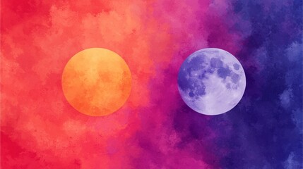 A vibrant digital artwork showcasing a sun and moon against a colorful, abstract background of pink and purple hues.