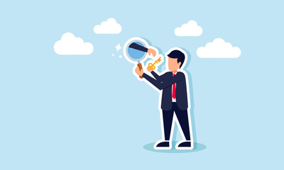 A businessman observes a lit lamp with a magnifying glass, but a hand emerges from the glass trying to take a key, illustration of sabotage in analyzing and finding business solutions