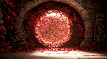 Enchanting Red Floral Archway Portal to Secret Garden
