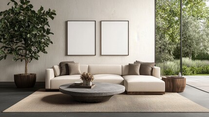 Fototapeta premium Modern Living Room with Elegant Sofa and Minimalist Decor in Bright Natural Light Setting