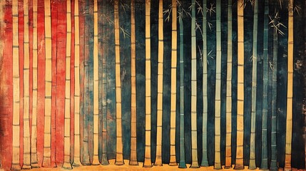 Vibrant colored bamboo stalks stand tall in serene textured pattern. AI Generated