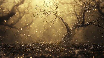 Dark Orchard Scene with Trunk and Blossoming Elements