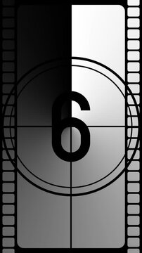 Classic countdown clock with gray background and film tape - 4k animation (2160x3840 px)