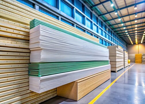 Macro Close-up of Various Drywall Sheets in a Building Supply Warehouse, Blurred Background