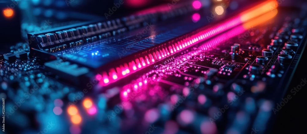 Poster close-up of illuminated circuit board components.
