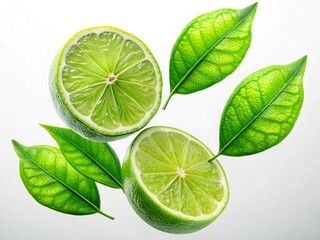 Macro Photo:  Floating Green Citrus Leaves, White Background,  Nature, Botany