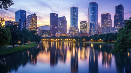 Naklejka premium A beautiful skyline of modern skyscrapers reflected in a calm lake at sunset, showcasing vibrant colors and urban tranquility.