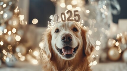 Dazzling Golden Retriever Dog with "2025" Crown Surrounded by New Year’s Fireworks and Sparkles: Bright Celebration for Holiday Content and Festive Visuals.