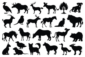 Set of twenty animal black silhouette vector