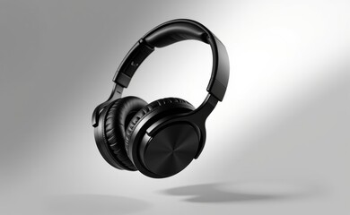 Naklejka premium A pair of sleek, black wireless headphones levitating against a clean white background, showcasing modern audio technology.