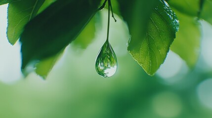 Water Droplet Reflecting Nature in Lush Orchard Greenery