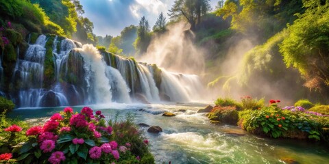 Misty waterfall cascading into foamy river surrounded by lush greenery and vibrant flowers, water, flowers,  water, flowers