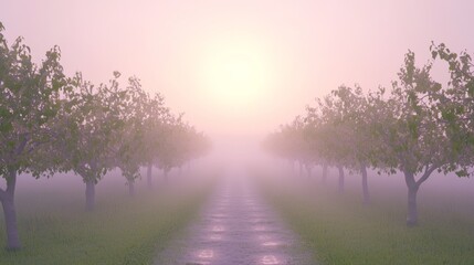 Obraz premium Serene Foggy Morning in an Orchard with Lush Green Footpath