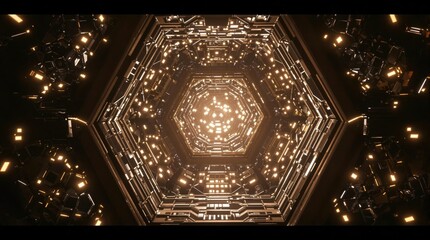 Hexagonal metal structure with soft lighting creating a sense of depth and dimensionality, metal, hexagonal