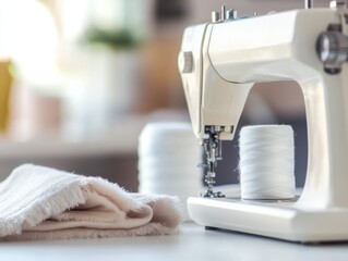 Scene of an organized sewing station. Featuring a sewing machine, fabric, and threads. Highlighting the precision and creativity of sewing. Ideal for craft and hobby imagery.