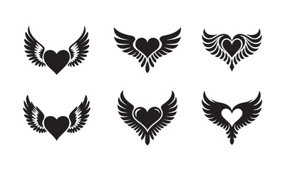 Heart with wings icon set vector on a white background
