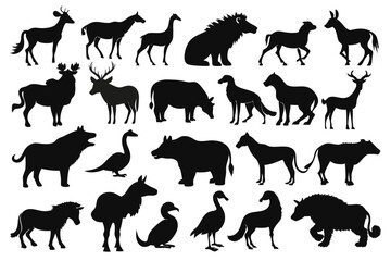 Set of twenty animal black silhouette vector