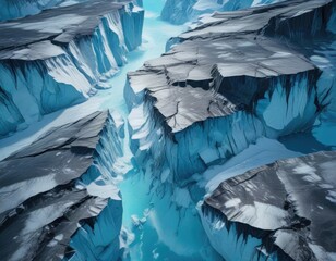 Obraz premium Ice sheet with large cracks and fissures on a blue background, ice , shattered ice, glacial