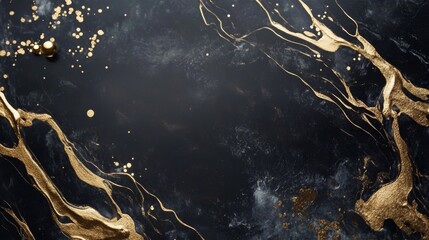 Abstract Black and Gold Marble Texture with Golden Splashes and Beads
