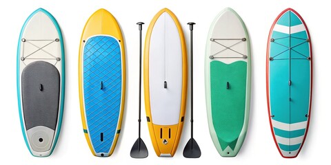 Minimalist Collage: Four Isolated Stand-Up Paddleboards on White Background