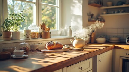 A cozy kitchen scene featuring fresh bread, a steaming teapot, and sunlight streaming through the window, creating a warm and inviting atmosphere.