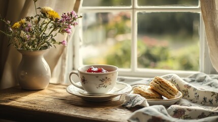 A cozy outdoor scene featuring a cup of tea with berries, delicious cookies, and a lovely flower arrangement by a window. Perfect for relaxation.