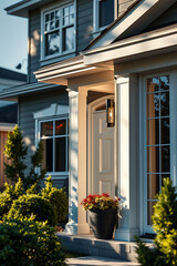 Obraz premium Captivating Home Exterior: Architectural Design and Landscaping at Golden Hour