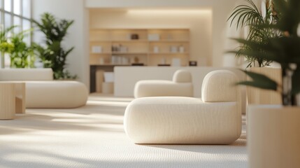 Minimalist interior with light beige furniture and lush green plants creating a serene space