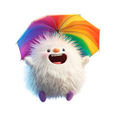 Fluffy 3D Cartoon Character Holding a Rainbow Umbrella Isolated on Transparent Background