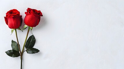 Fototapeta premium Two Red Roses on a Soft White Background with Green Leaves