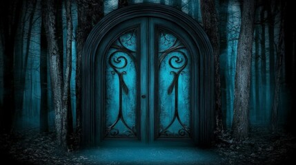 Fototapeta premium Enigmatic Dark Teal Forest Gate Mysterious Entryway