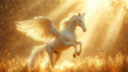 A majestic white winged horse leaps through a golden, ethereal landscape.
