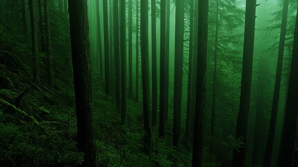 Naklejka premium Enigmatic Foggy Forest, Tall Trees, Green Canopy