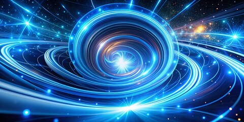 Abstract Blue Glowing Spiral Light Speed, Shiny Wavy Trail, Panoramic Background