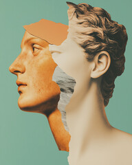 Ancient eternal beauty concept. Creative collage of the beautiful young woman and Roman female bust using mix of different techniques. Close up portrait. Avant-garde postcard, poster style