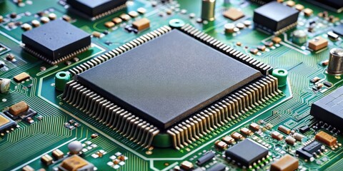 Obraz premium Microchip integrated on motherboard with multiple layers and tiny components, circuit, microprocessor