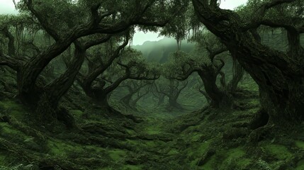 Enigmatic Green Forest Path Mysterious Ancient Trees