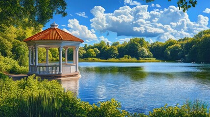 Obraz premium Lakeside gazebo, summer park, sunny day, calm water, peaceful scene