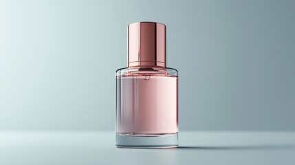 Elegant Glass Bottle with Pink Fluid on Soft Gray Background for Cosmetics or Perfume Product.