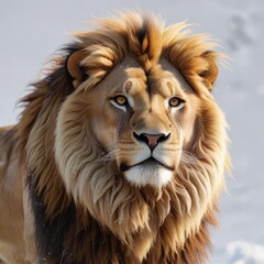 Fototapeta premium Majestic lion with vibrant mane and shimmering fur isolated on a snowy white background, vibrant, white