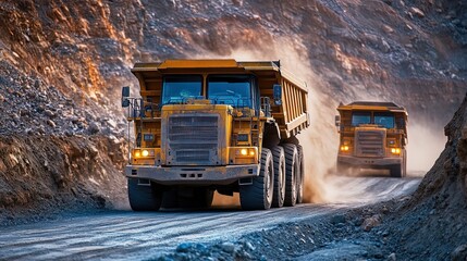 Heavy mining trucks transporting loads across a dusty landscape, industrial power