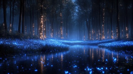 Enchanted Forest at Night with Glowing Blue Flowers