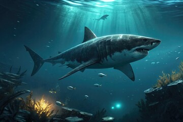 Fototapeta premium Massive megalodon shark swimming in the dark depths of the ocean, marine wildlife, predator fish